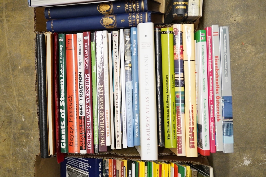 Five boxes of Railway related books, subjects include; the Railway Atlas of Scotland, the Highland Main Line, Chicago America’s Railroad Capital, Union Pacific, Indian Railways, etc., publishers include; New York Central